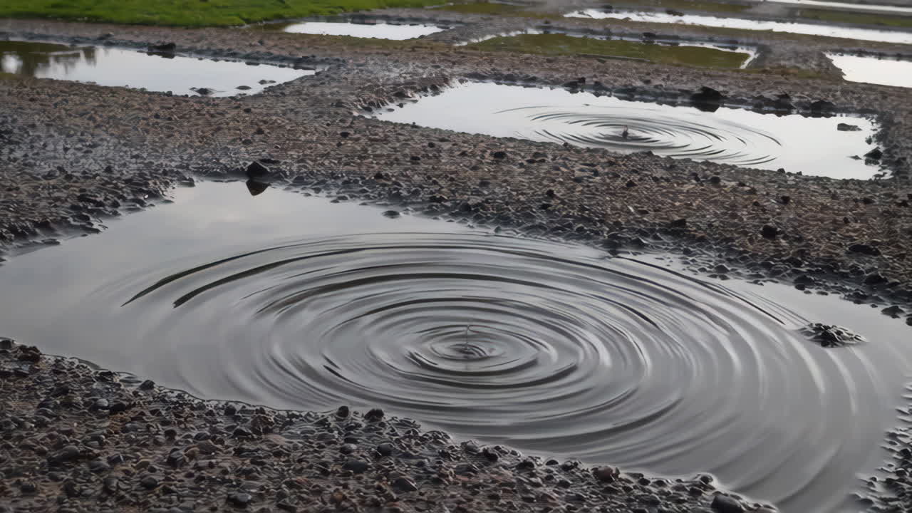 Rain Drops Creating Ripples in Puddle