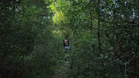 an adult female and her dog make their way between the trees of a forest