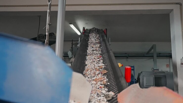 recycled rubber fragments moving upward along factory conveyor