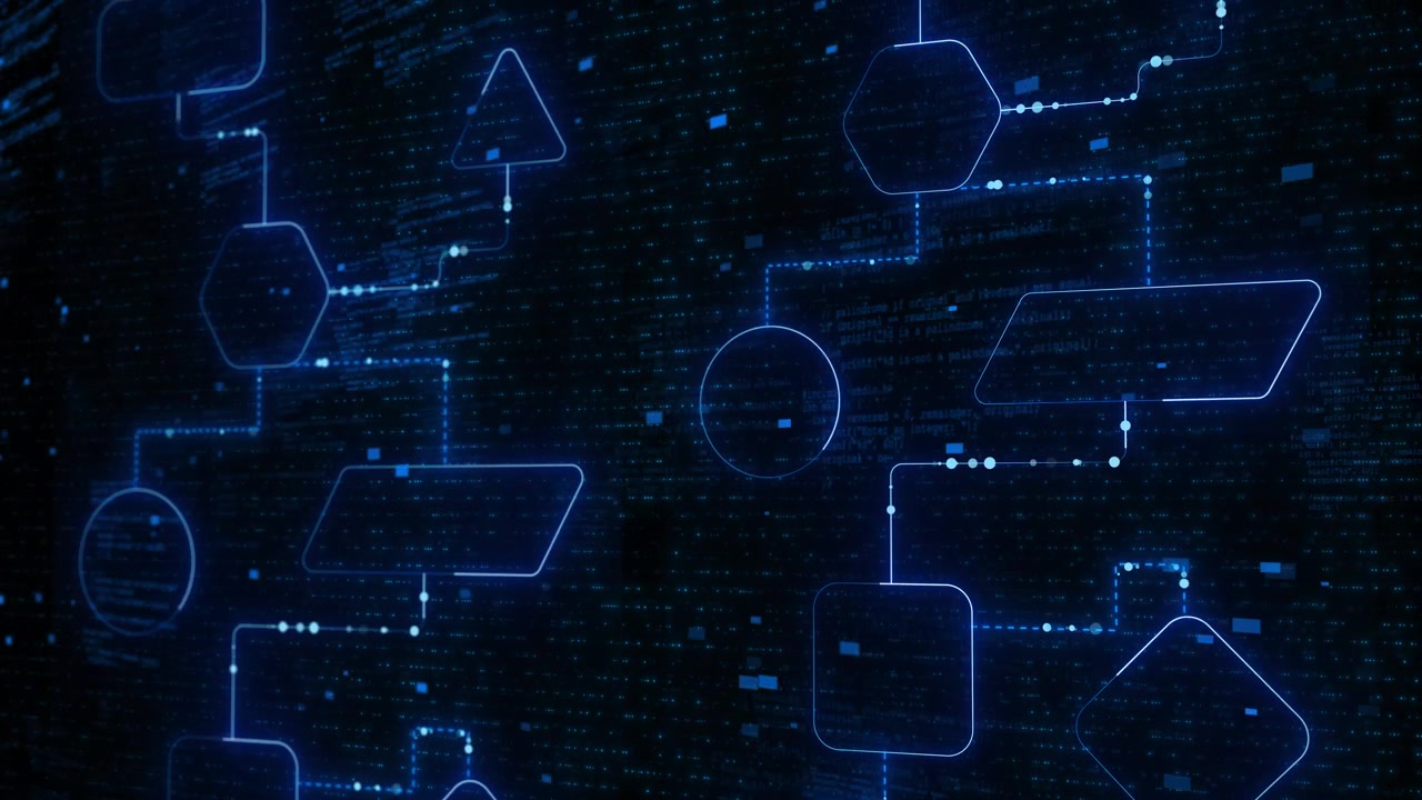 Futuristic process diagram outlines linked boxes dotted paths and programming code deep blue grid