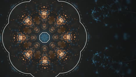 Abstract animation of gold sequence multicolored graphics ornaments rotating on black and blue background.