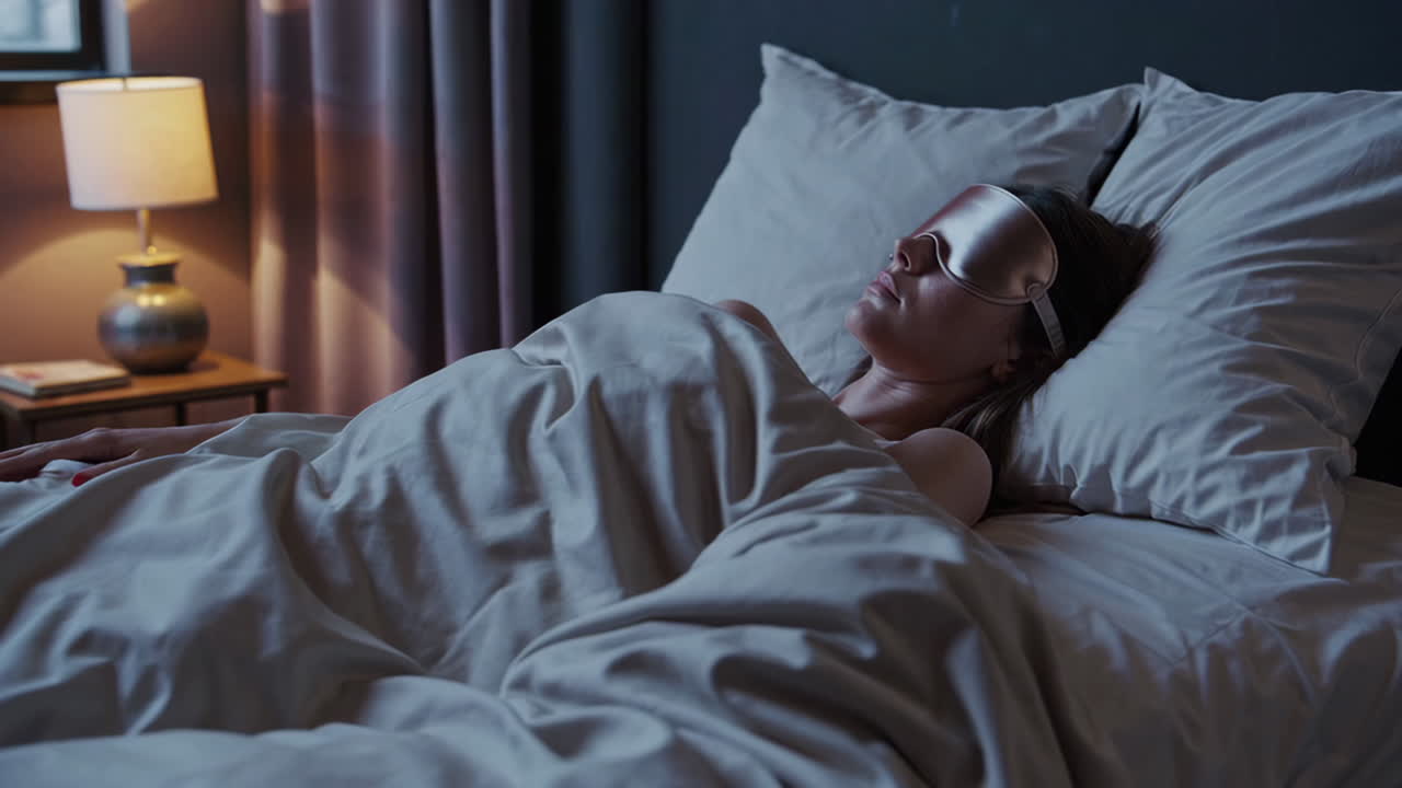 Woman sleeping peacefully in bed with a sleep mask