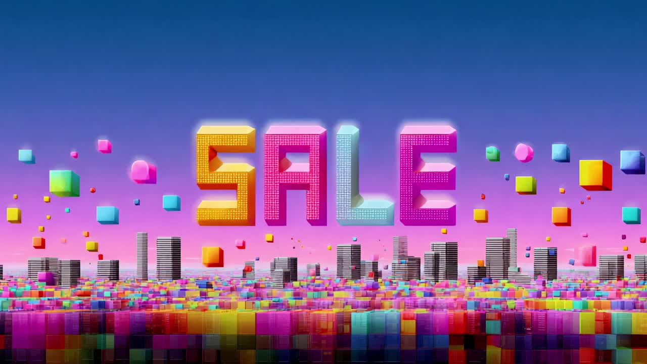 Vibrant Sale Announcement Featuring Colorful 3D Blocks and a City Skyline Under a Bright Sky, Engaging Viewers with Playful Graphics and Attractive Colors