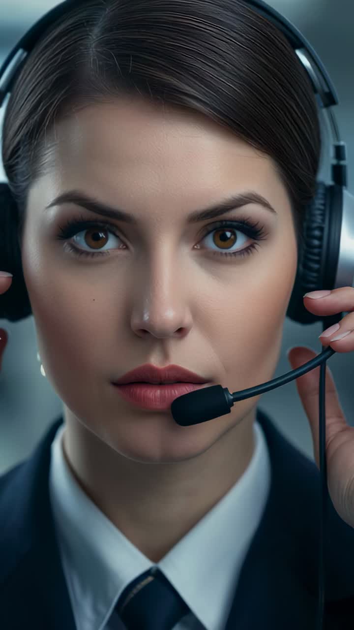 Vertical video: Fixing headset after slip woman in blazer moving mic at desk for clear sound