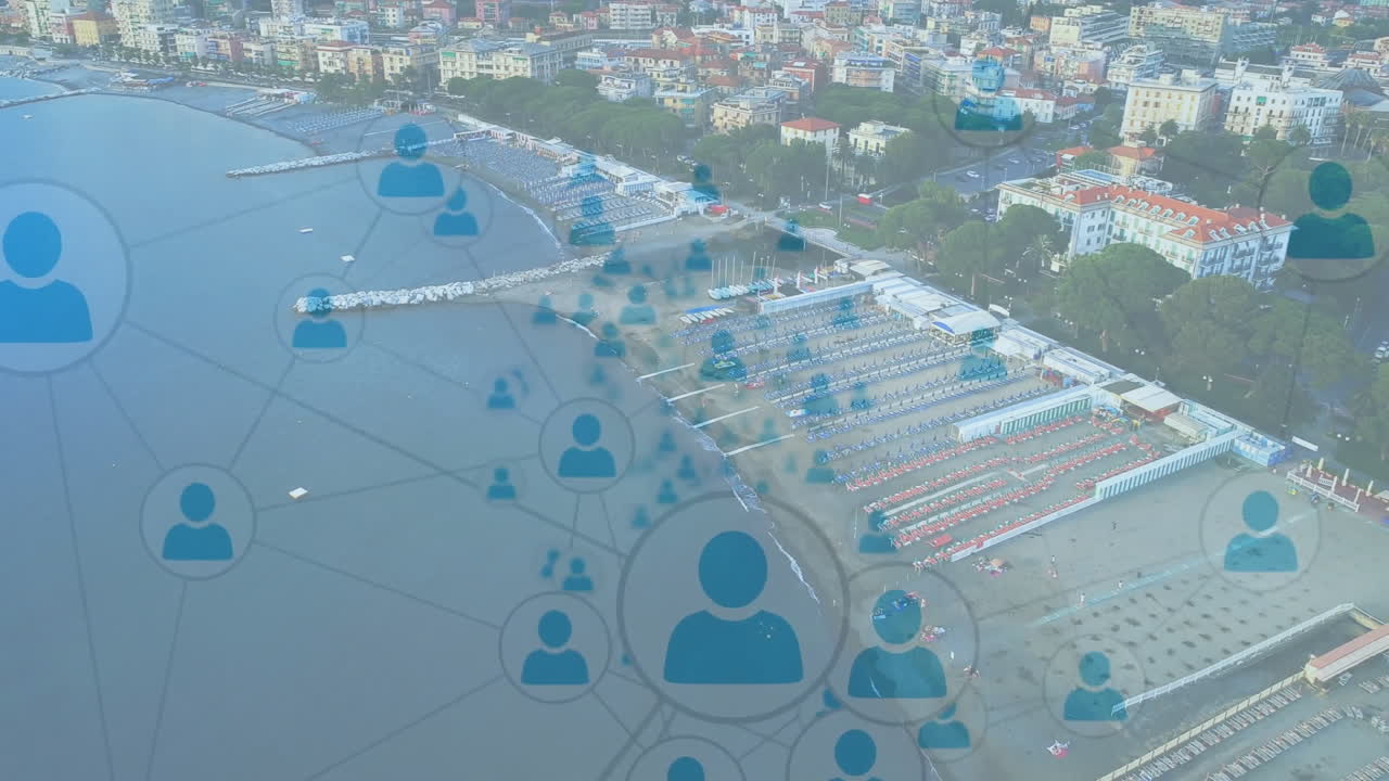 Network of connections and data processing animation over coastal cityscape
