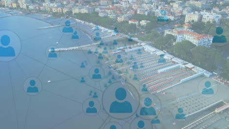 network of connections and data processing animation over coastal cityscape