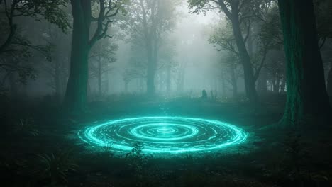 Ethereal Portal in a Mystical Forest: An Enigmatic Energy Circle Glowing with Vibrant Light Amidst Enshrouding Mists and Ancient Trees