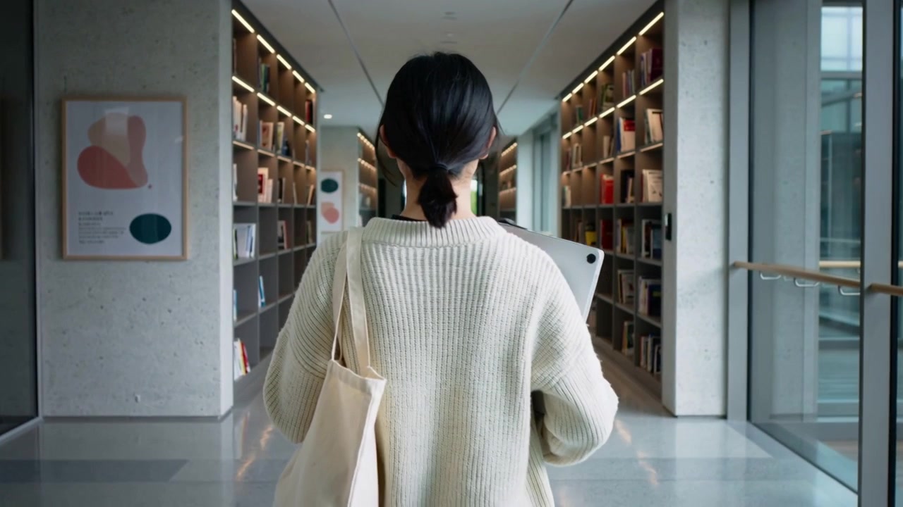 Studente che cammina con maglione a maglia color crema, tiene in mano un laptop sottile e una borsa tote, lungo il corridoio della biblioteca verso un'area luminosa.