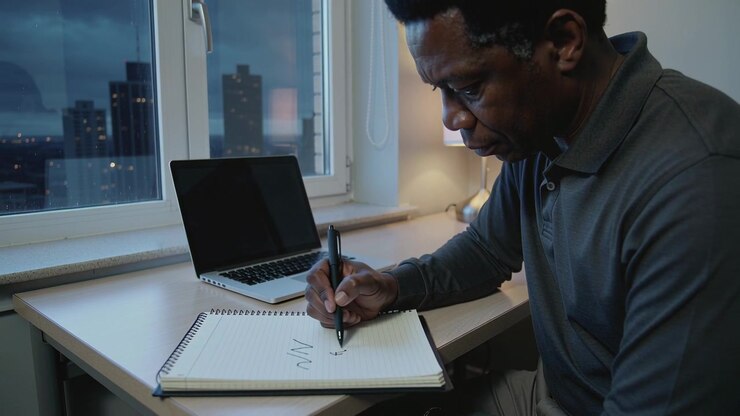 Writing man in polo sweeping notebook while working at desk by window, with pen, rectangular object
