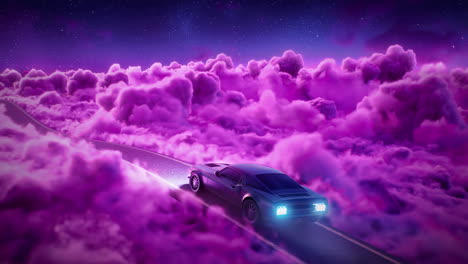 circuito de ondas sintéticas coche camino de neón que serpentea su camino a través de hermosas nubes rosas en un sueño