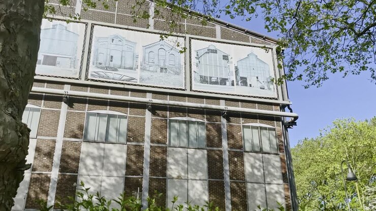 old factory building with pictures on the outside wall of what it used to look like when people worked there