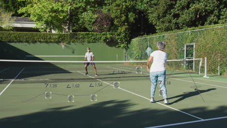 couple playing tennis on private outdoor court, showing floating health stats and animated score