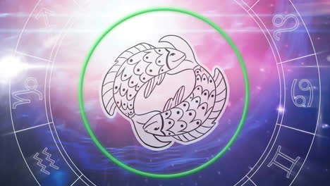 animación del signo del zodiaco de piscis con rueda del horóscopo en fondo púrpura
