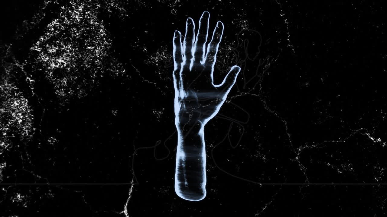 Glowing hand and forearm animation over dark textured background
