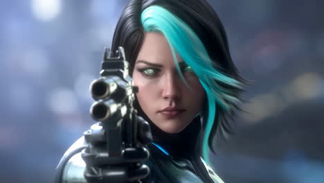 sci-fi female character with glowing eyes aiming a gun