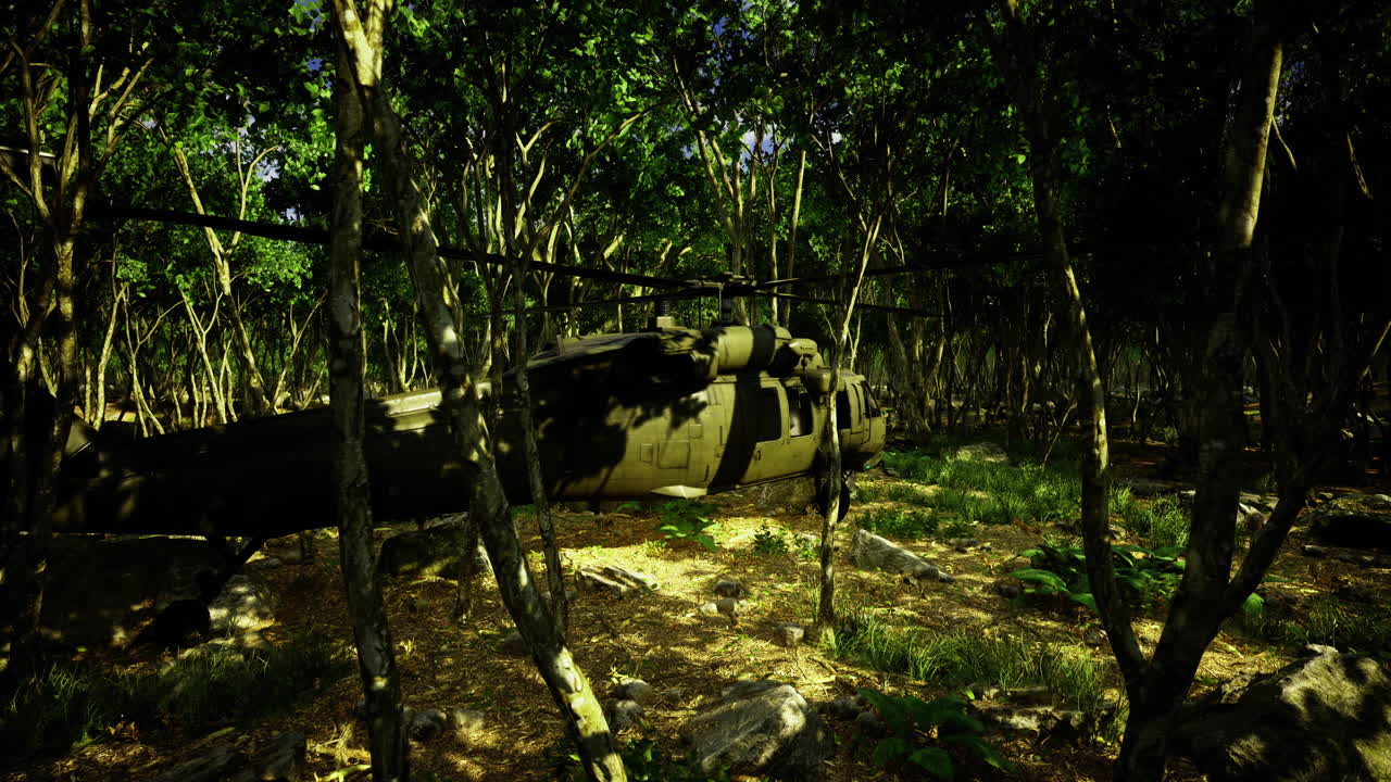 Helicopter cautiously rests amidst dense greenery in tranquil forest