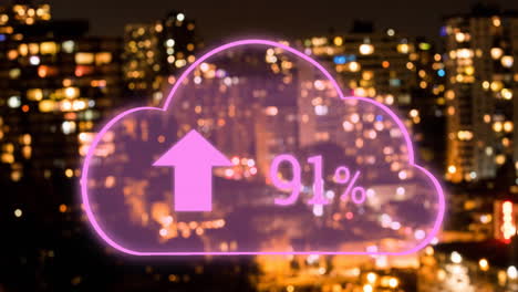 animación de la nube digital con un porcentaje que sube sobre el paisaje urbano