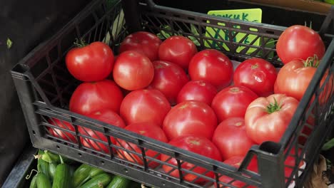 fresh tomatoes in a crate at a market