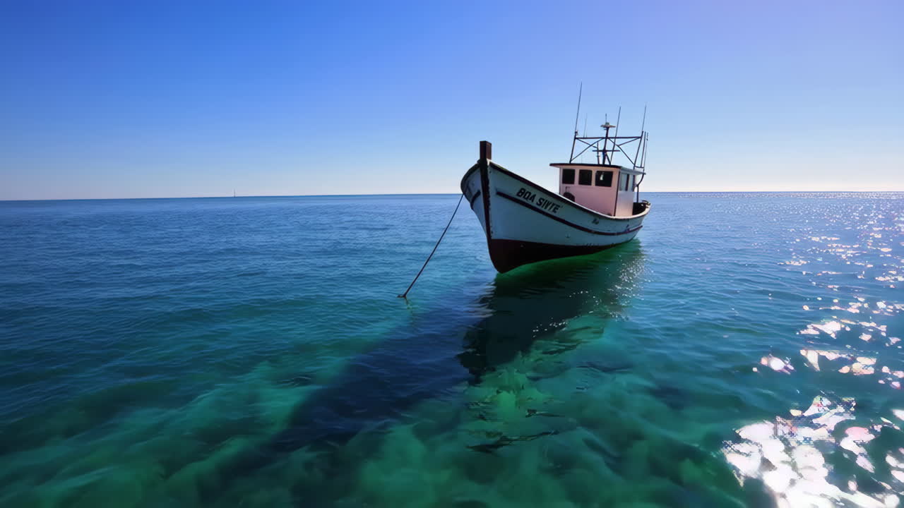 Small fishing boat in the calm ocean