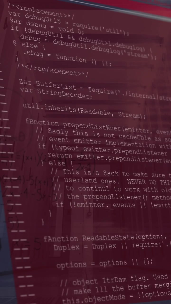 Animation of computer language, mathematical equation and diagrams, low angle view of server room