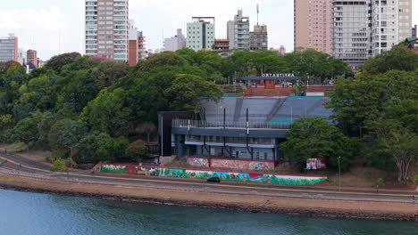 aerial drone fly at amphitheater of posadas, misiones, subtropical argentina, north east region cityscape