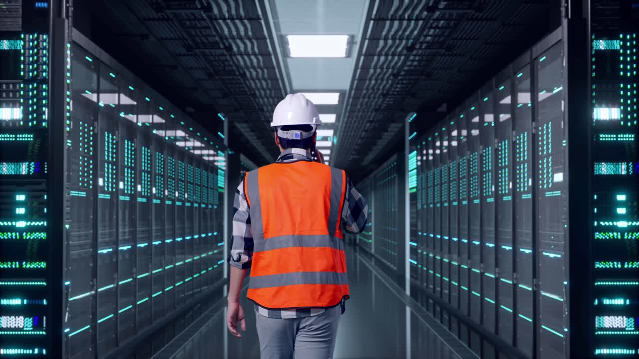 Back of Asian Male Engineer Talking On Smartphone While Walking in Server Room Data Center