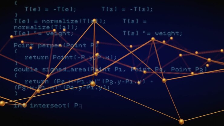 Data processing animation with network connections over programming code background
