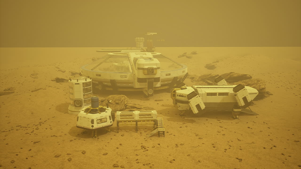 Mars exploration base located in a dusty environment with scientific equipment