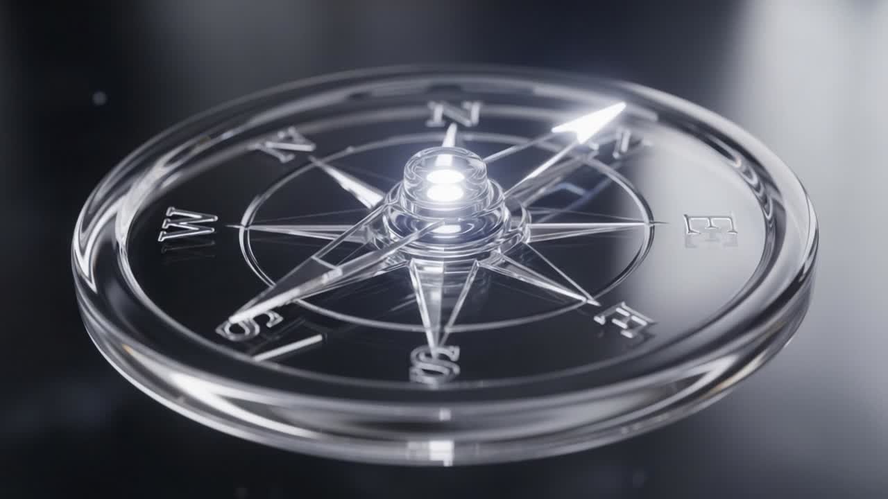 A Stunning Glass Compass with Illuminated Pointer Displaying Cardinal Directions on a Dark Surface, Emphasizing Navigation and Orientation