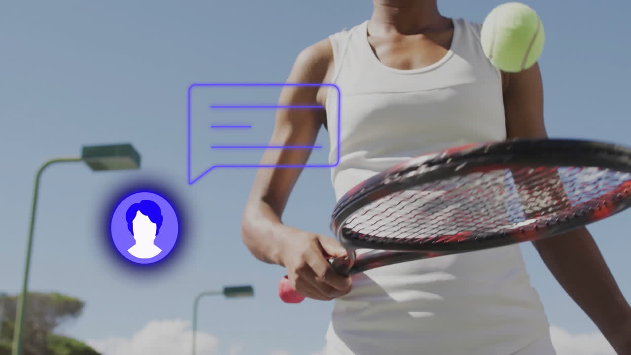 Female tennis player swinging racket outdoors showing floating speech bubble avatar in technology