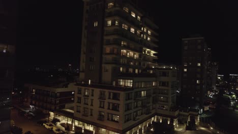 city of mar del plata at night in argentina. aerial view of urban tall buildings and park.
