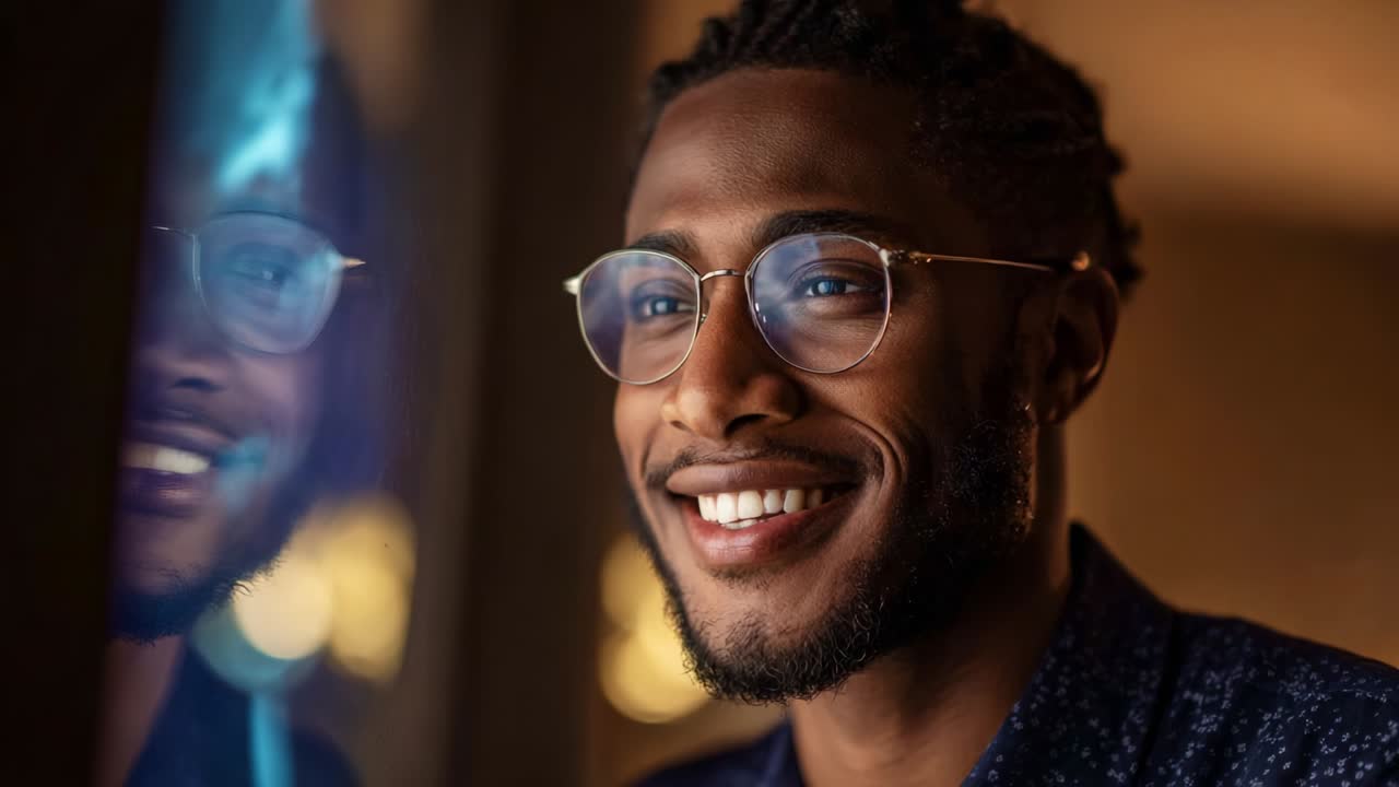 A thoughtful and engaged young man reflects his emotions with a warm smile while gazing at a beautiful display in a softly lit environment, capturing the essence of connection and contemplation