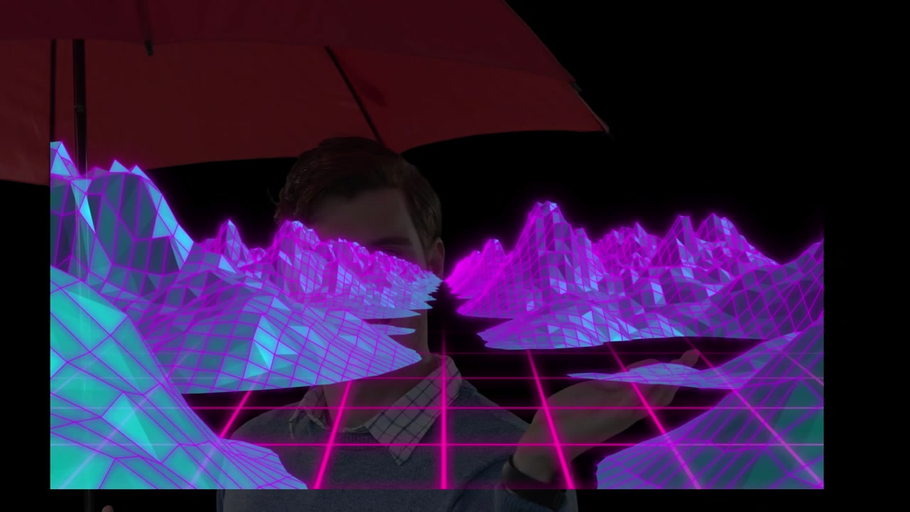 Animation of digital mountains over caucasian man with umbrella