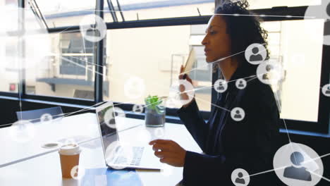 businesswoman working on laptop in office, networking and communication animation