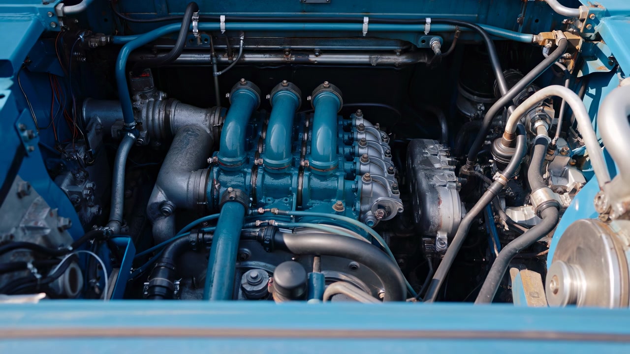 High overhead view into car engine bay centered on teal painted intake manifold with curved runners beside turbocharger housing, surrounded by hoses, clamps, piping, pulleys, wiring and metal