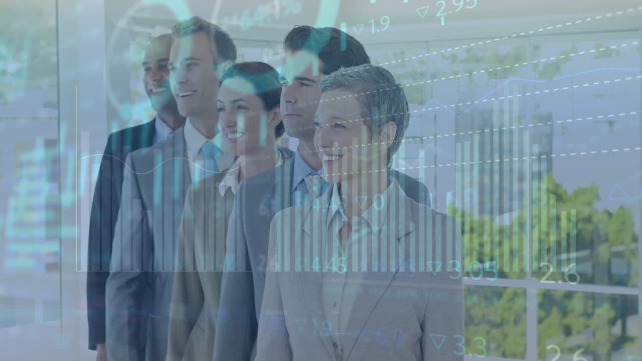 Animation of graphs, loading circles over smiling diverse coworkers standing at office