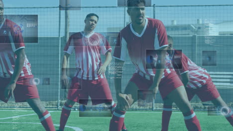 animación de visores y procesamiento de datos en pantallas sobre jugadores de fútbol masculinos que se calientan