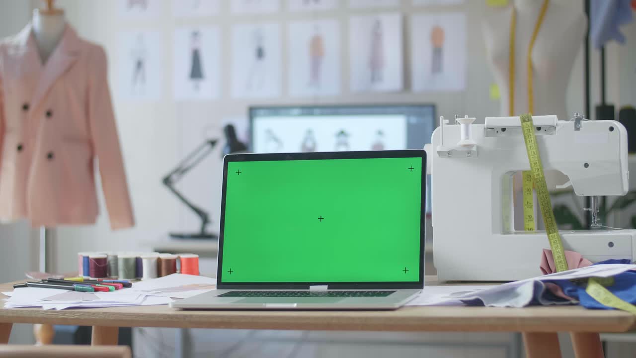 una maqueta de portátil de pantalla verde está en la mesa en el estudio del diseñador