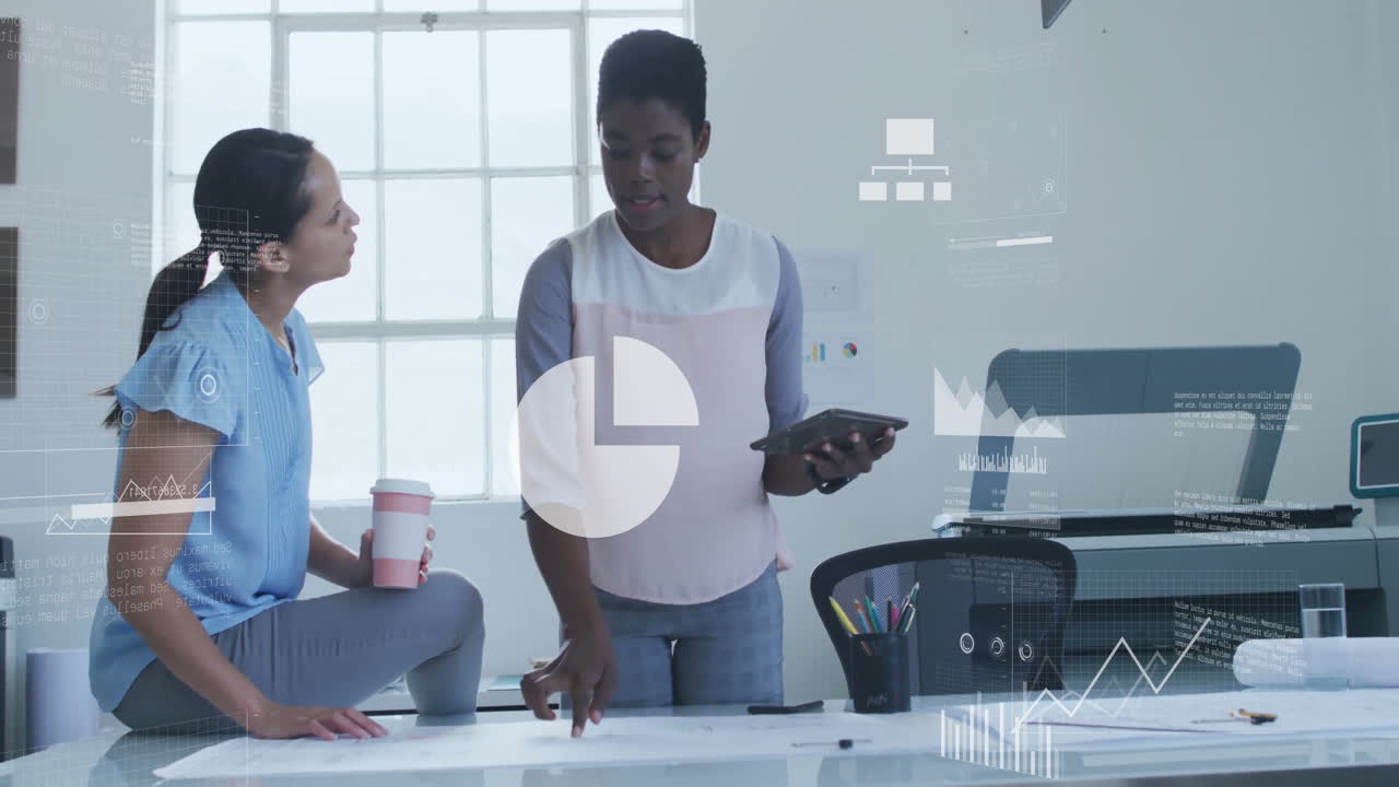 Animation of financial data processing over diverse business people in office