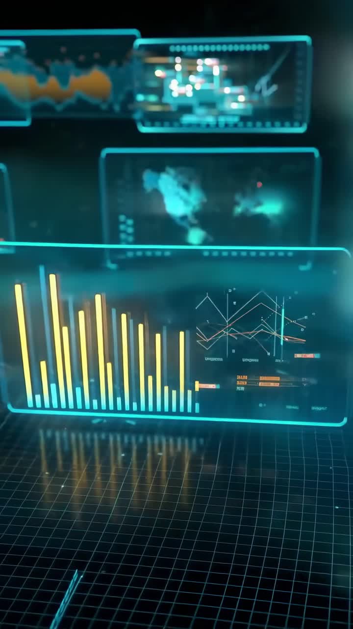 Futuristisk video av digitale grafer og diagrammer, vinklet fra siden, som gløder i blått