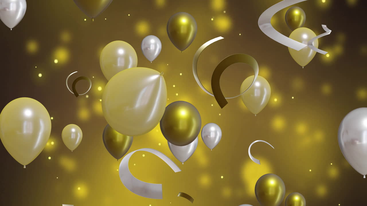 Animation of gold and silver balloons with party streamers over yellow background