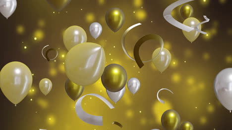 animation of gold and silver balloons with party streamers over yellow background