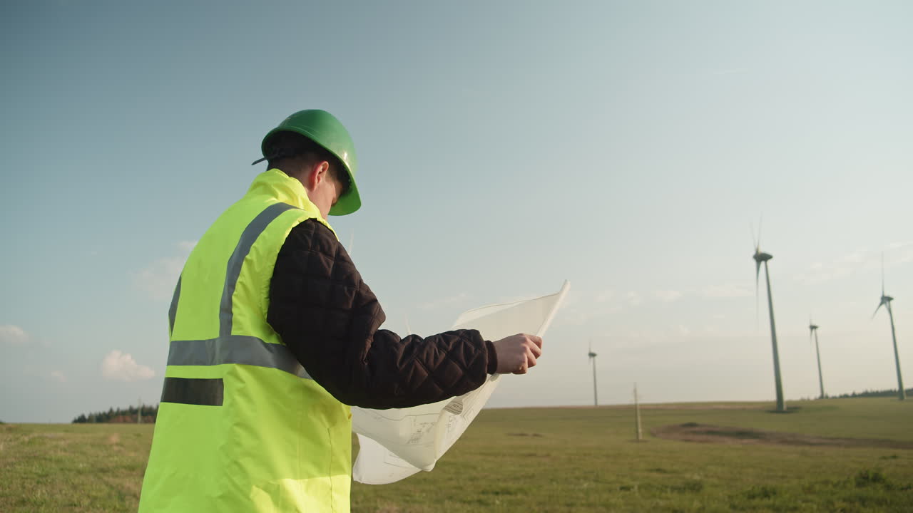 반사 조끼를 입은 엔지니어가 풍력 발전소에서 설계 계획을 세우고 있습니다.