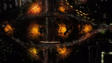 aerial footage of traffic jam on city overpass in downtown of shenzhen city, china