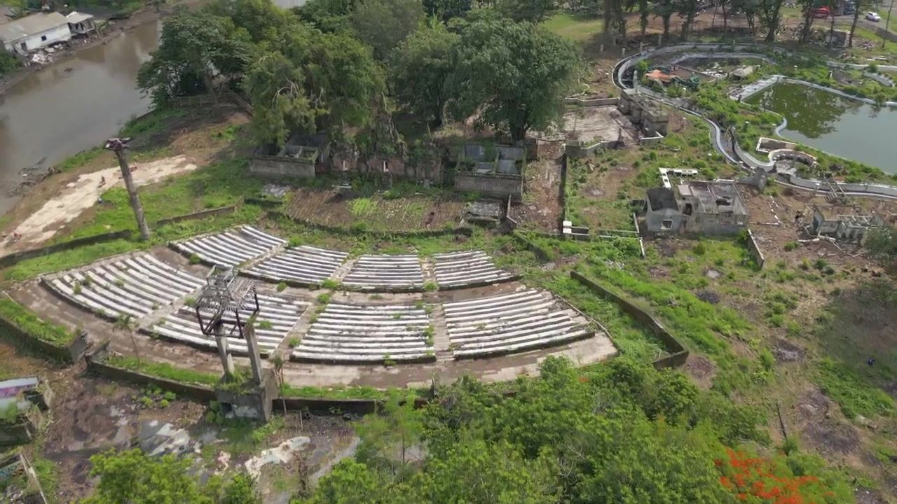 Ancient Temples And Amphitheater Overgrown With Jungle Near Ayung River Sanur Bali Indonesia Drone Track Overhead 4K 60FPS