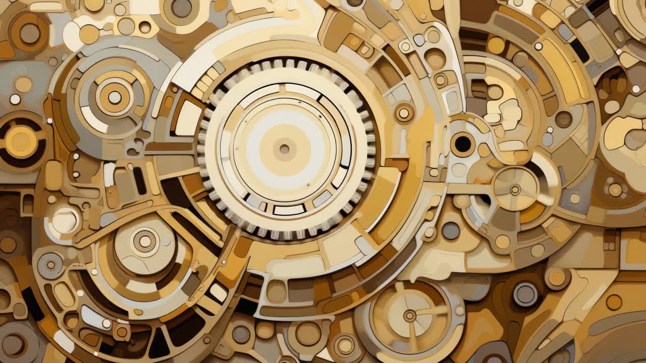 Abstract steampunk gears in earthy tones, viewed from above