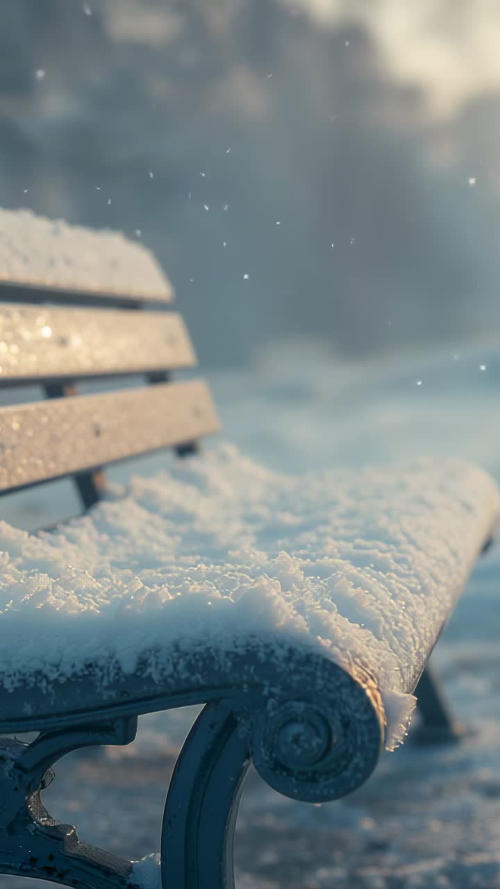 Vertical video: Snowfall starting ornate bench accumulating fresh snow in park, drifting snowflakes