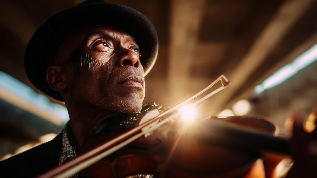 A brilliant moment of musical expression captured in time: an intense close-up of a man in a hat playing a violin under a dramatic light, showcasing deep emotion and artistry