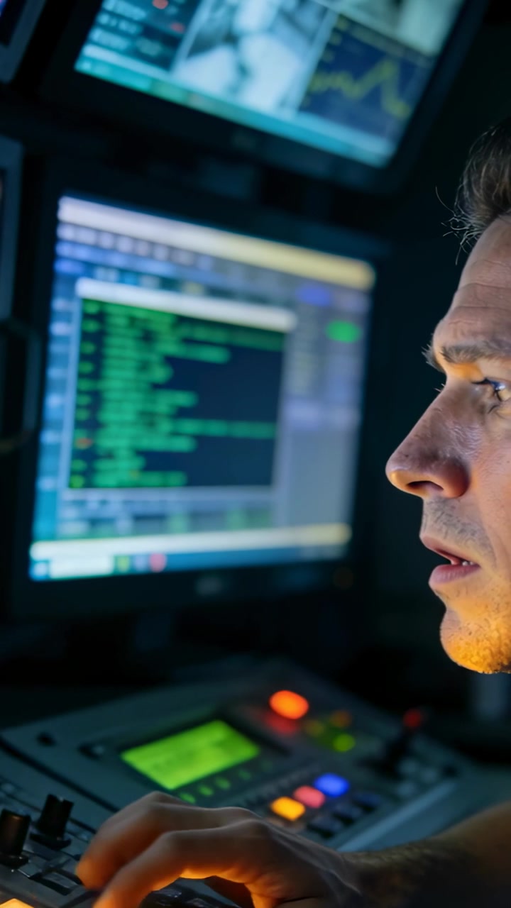 Vertical video: Reacting to alarm lights, tech in blue tee tuning console by screens, copy space