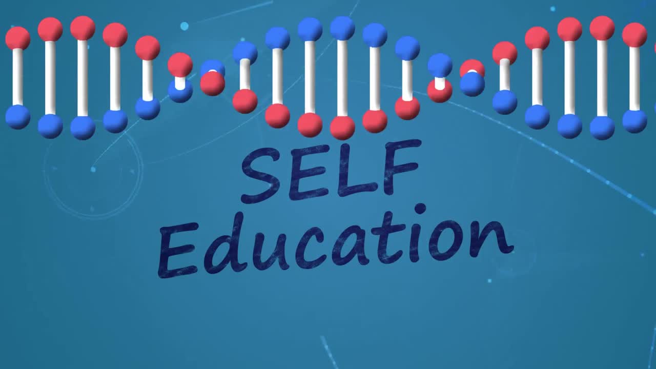 자기 교육, dna 스트랜드 및 파란색 배경의 연결 네트워크의 애니메이션